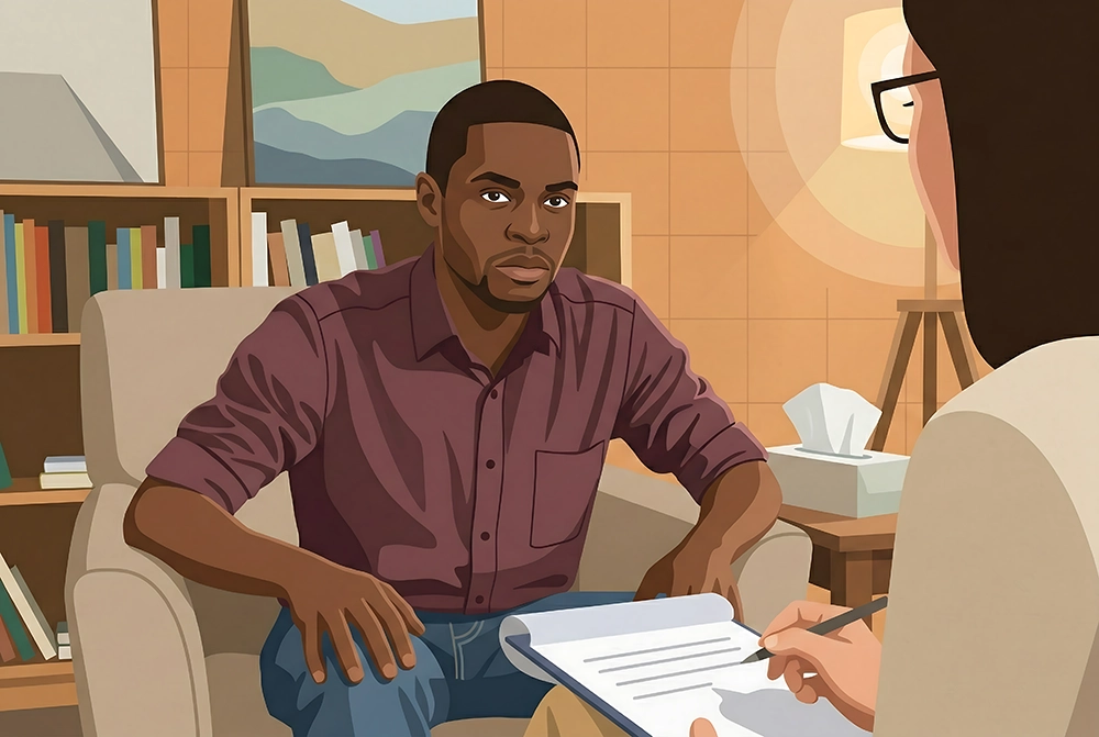 Calm therapy space with natural light representing anxiety and substance use treatment