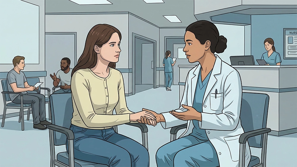 A person reviewing treatment options with a care coordinator in a calm, sunlit office