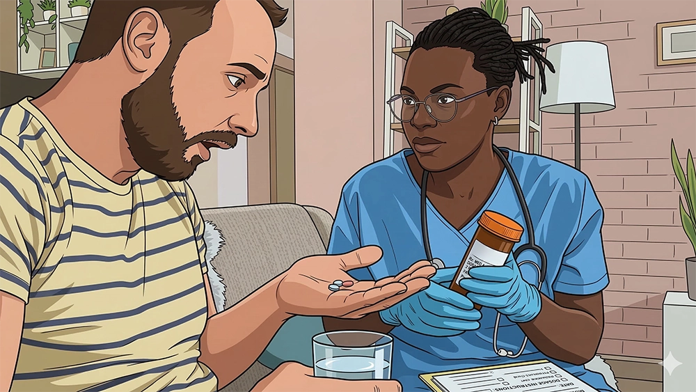 A clinical team reviewing medication management plans for dual diagnosis patients