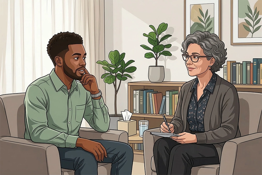 A person balancing work and outpatient rehab while walking near an office building